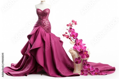 A glamorous strapless wedding dress in a luxurious shade of fuchsia pink, adorned with sparkling crystals and a dramatic train, accompanied by an extravagant bouquet of orchids and lilies