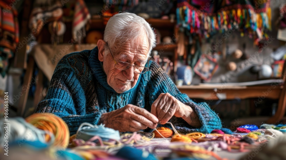 An older adult engaging in a craft or hobby such as knitting or painting surrounded by materials and fully immersed in their creative process An older adult engaging in a craft or hobby such as knitting or painting surrounded by materials and fully immersed in their creative process