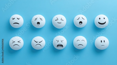 White balls with various drawn facial expressions on a light blue background. photo