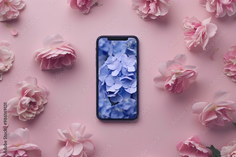 Naklejka premium Pink Flowers and Smartphone with Floral Wallpaper