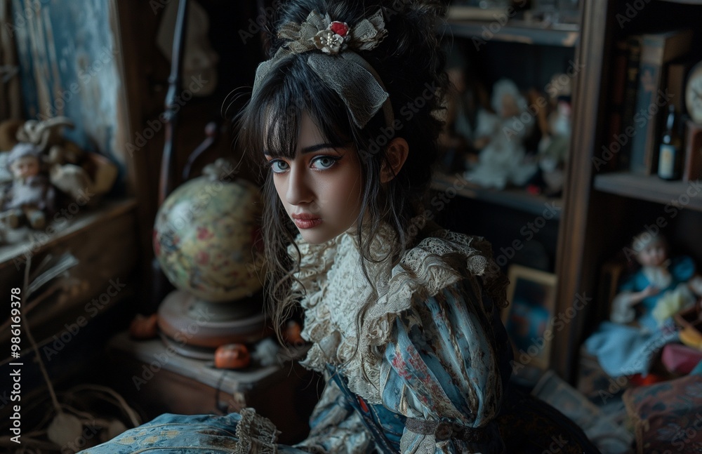 Girl with creepy doll makeup in Victorian dress Girl with creepy doll makeup in Victorian dress