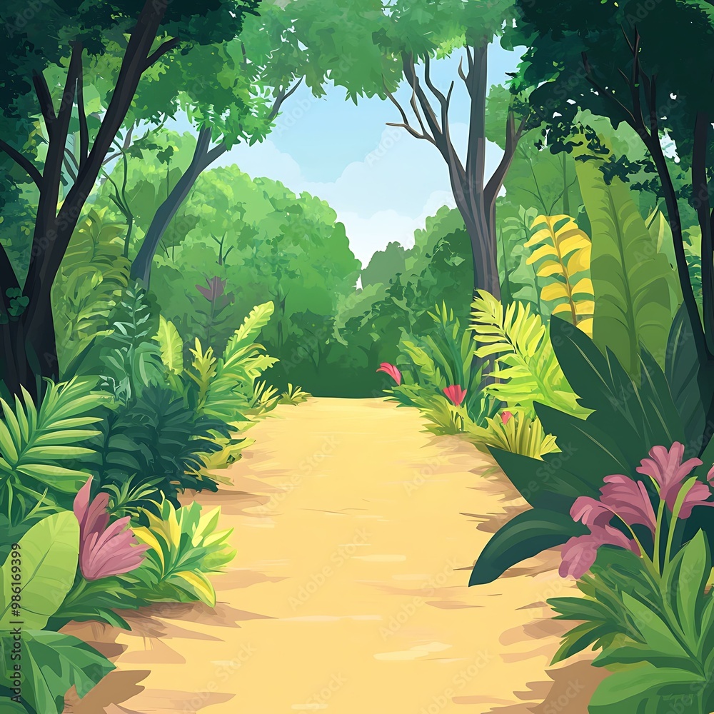 Obraz premium Jungle Path Illustration With Lush Greenery