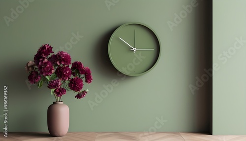 Minimalist room featuring a green matte wall clock and a vase of burgundy flowers, showcasing modern design and serene aesthetics in a textile environment. photo