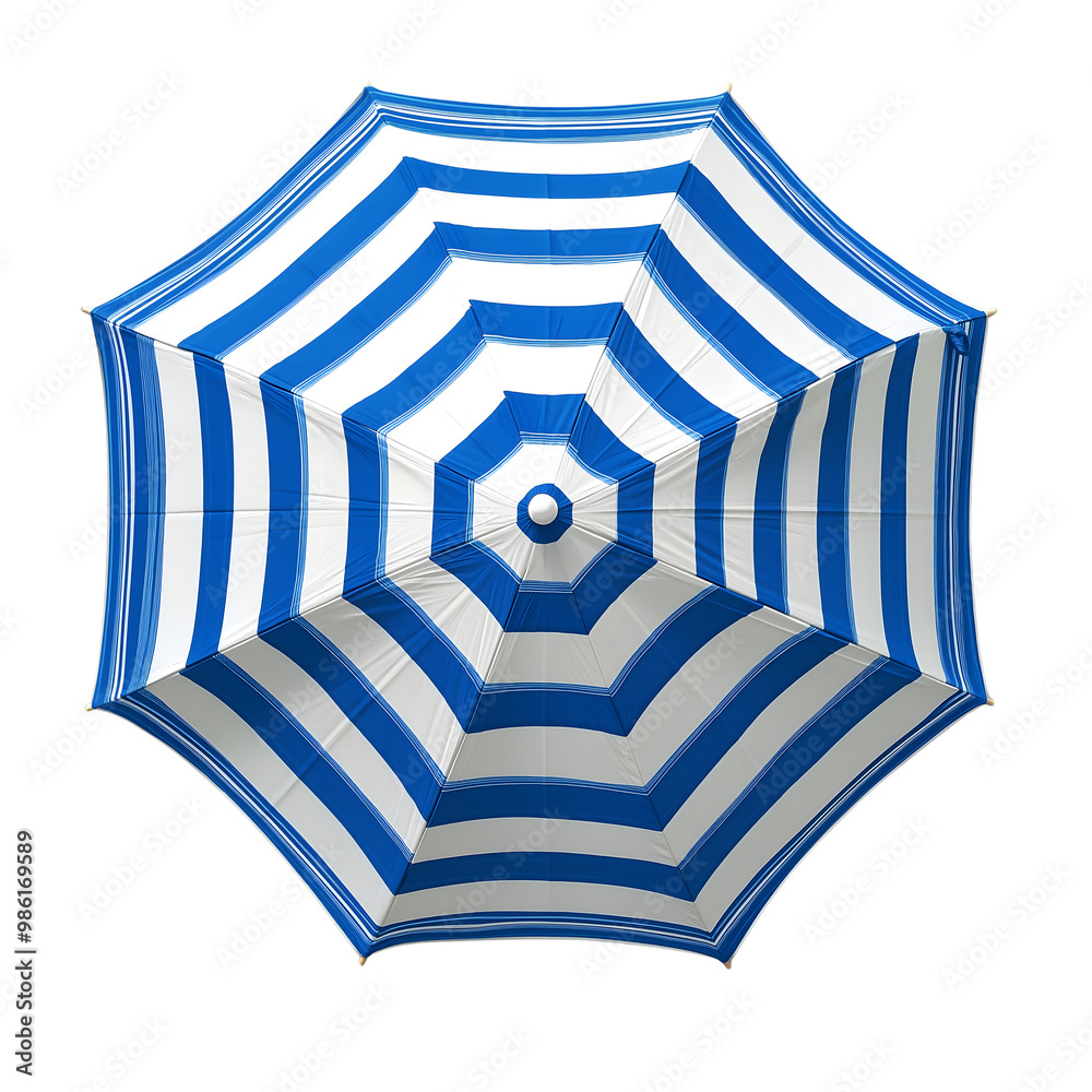 Fototapeta premium blue and white striped beach umbrella isolated on transparent background Generative Ai.