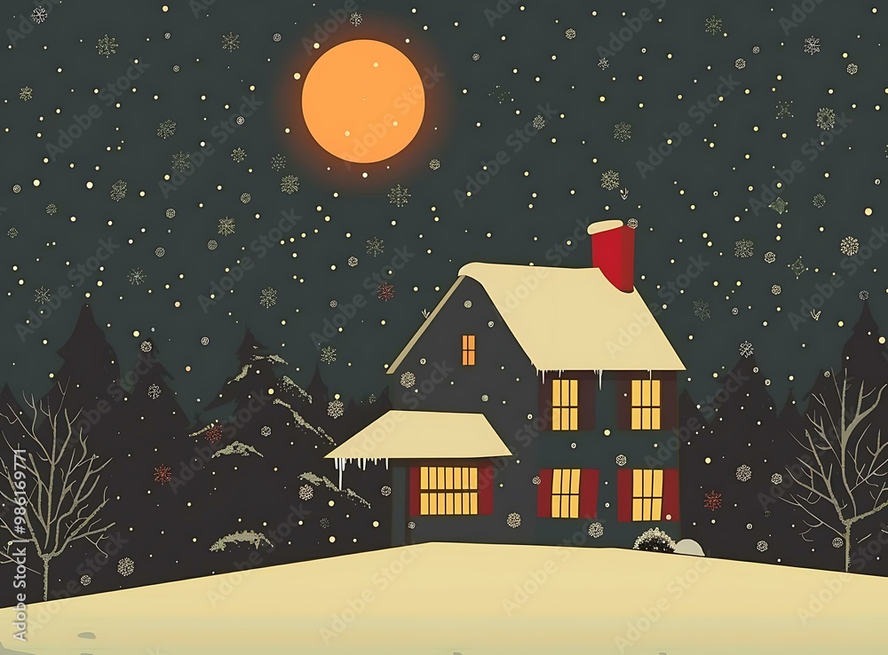 Naklejka premium Snowy Night Landscape With a House