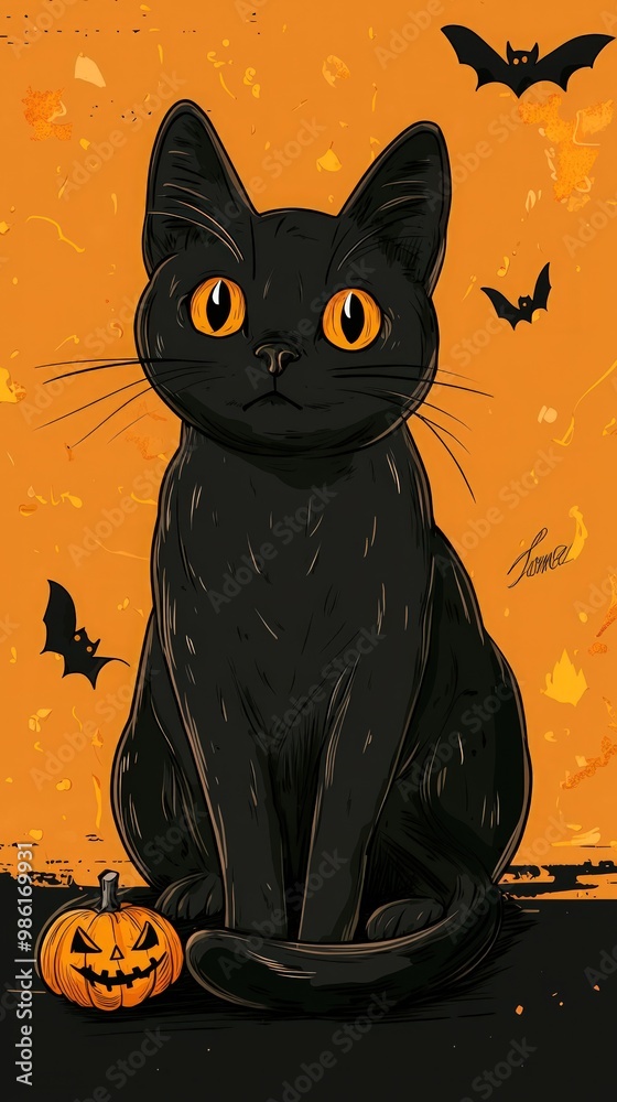 A whimsical black cat with striking orange eyes sits beside a carved pumpkin, surrounded by flying bats, set against a vibrant orange background. A whimsical black cat with striking orange eyes sits beside a carved pumpkin, surrounded by flying bats, set against a vibrant orange background.