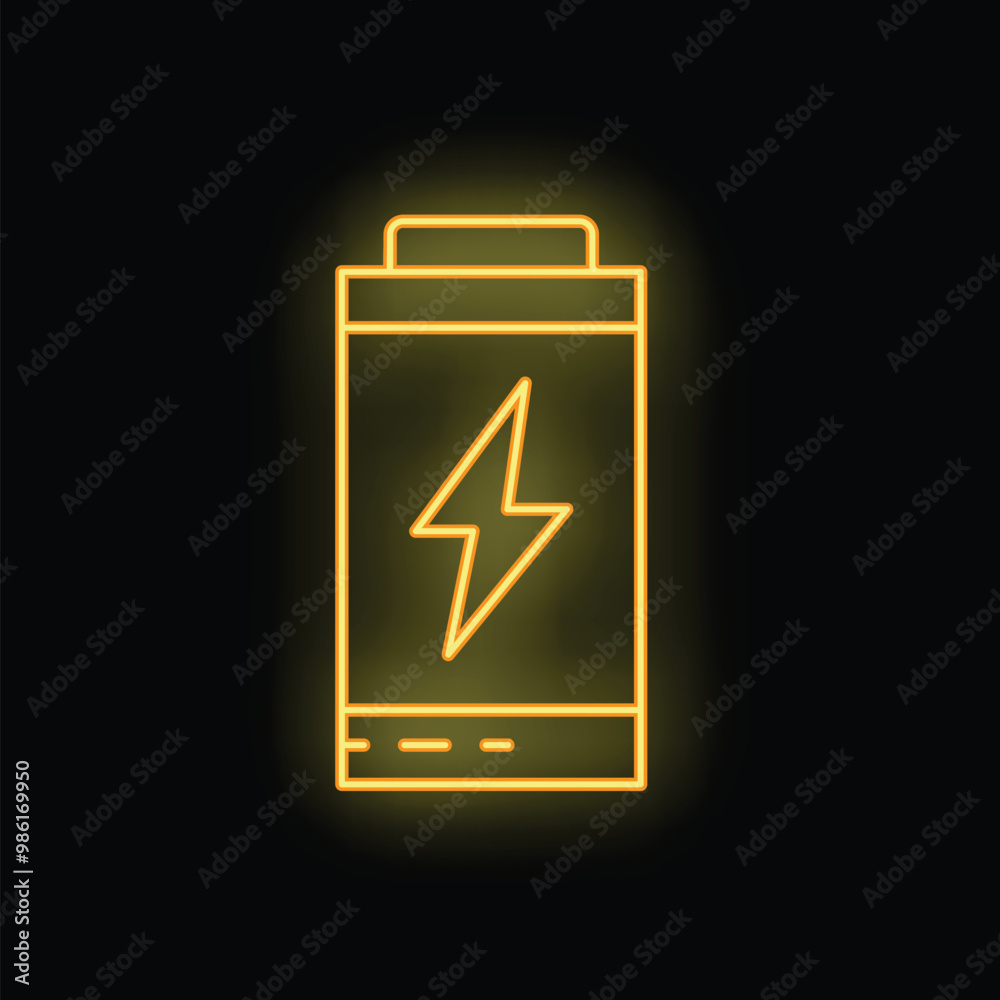 Bright yellow neon sign in the shape of a battery glowing on a black background, perfect for concepts about energy and power Bright yellow neon sign in the shape of a battery glowing on a black background, perfect for concepts about energy and power