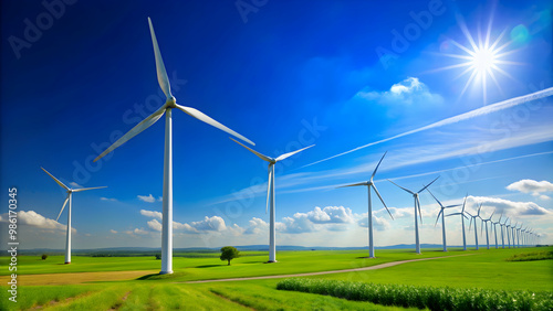 Wind turbines generating electricity with clear blue sky in the background, Renewable, Energy, Sustainable