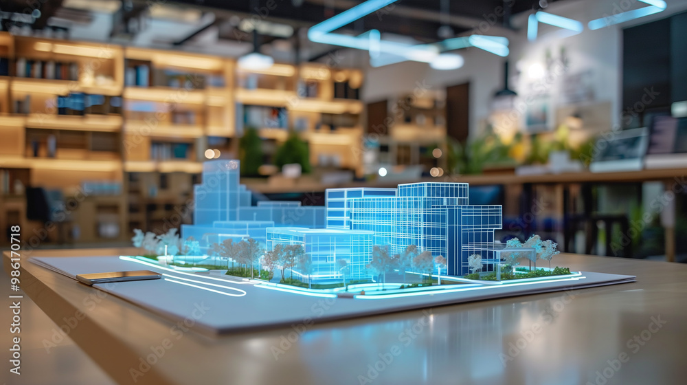 3d blue prints of a real estate project virtual hologram on a table in modern office, real estate development business	