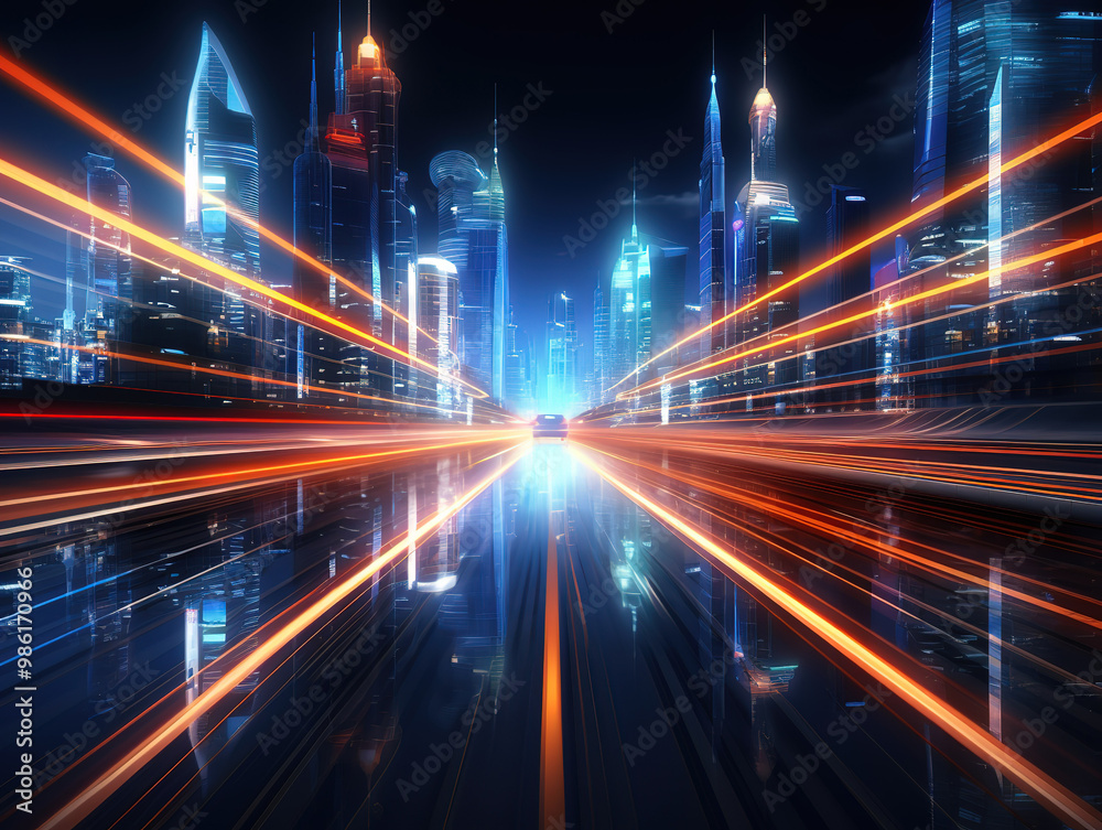 Attractive The supercar is speeding on the city road with beautiful light strips Attractive The supercar is speeding on the city road with beautiful light strips