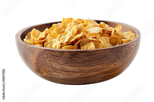 Cornflakes in wooden bowl isolated on transparent background.