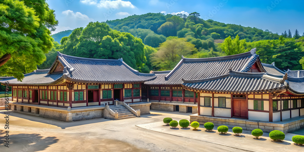 Obraz premium Traditional Korean Confucian academy surrounded by trees and traditional architecture, Korean, Confucian, academy