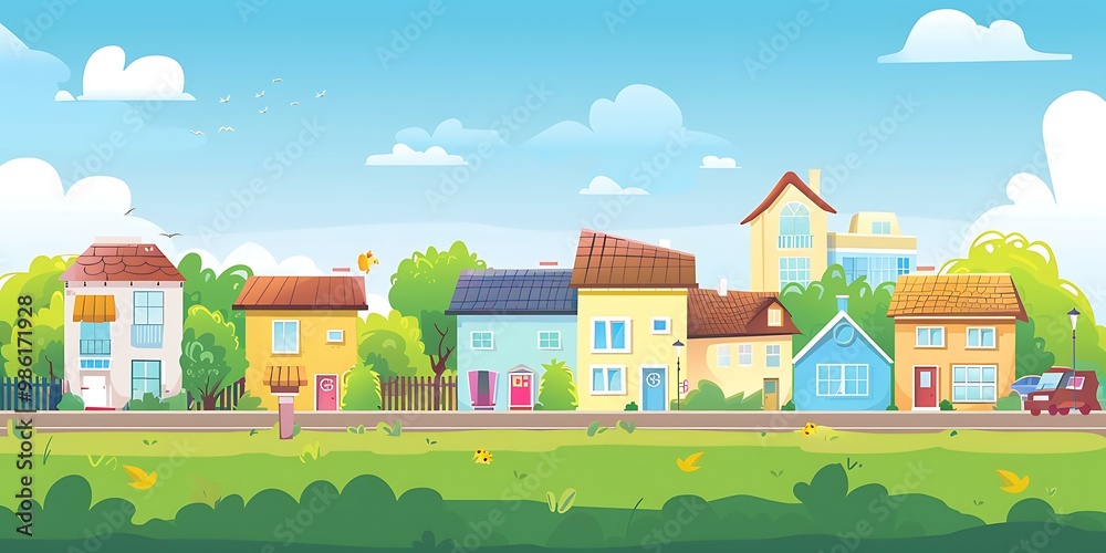 Cartoon Illustration of Colorful Houses on a Sunny Day Cartoon Illustration of Colorful Houses on a Sunny Day