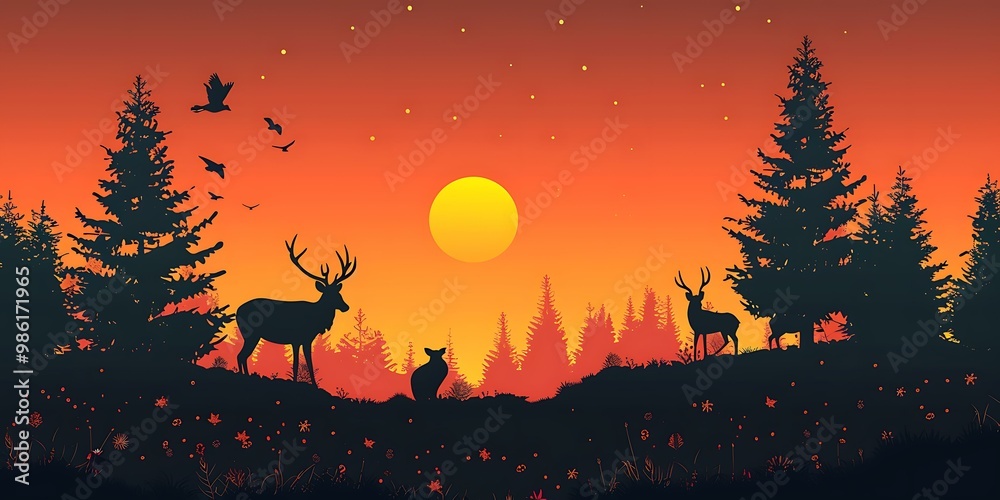 Sunset in the Forest with Deer Silhouette