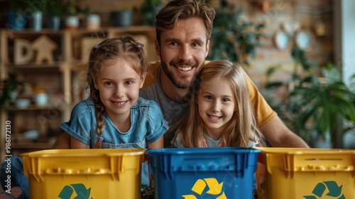 A father teaches his child how to properly separate recyclable waste into the correct bins, instilling environmental responsibility from a young age.