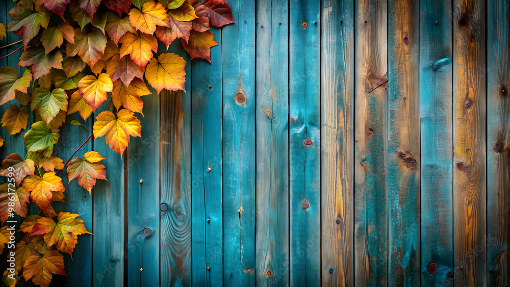Fototapeta premium Wooden wall covered in leaves against rustic blue wood background, with an old garden fence on the side, leaves, green