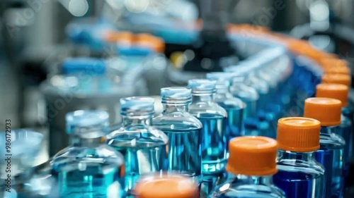 A row of blue liquid filled bottles with orange lids are moving on a conveyor belt. The bottles are being filled and capped in a factory.