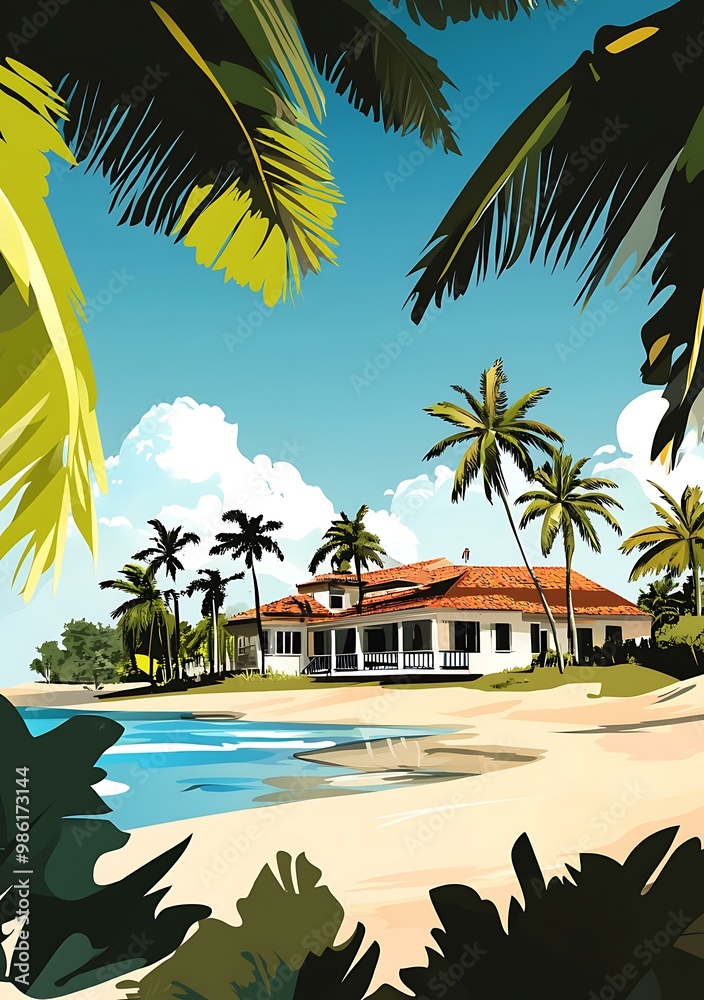 Fototapeta premium Tropical Beach House Illustration With Palm Trees
