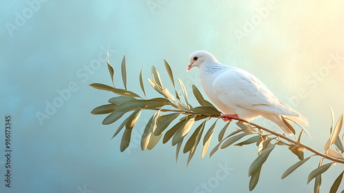 Serene white dove perched on an olive branch