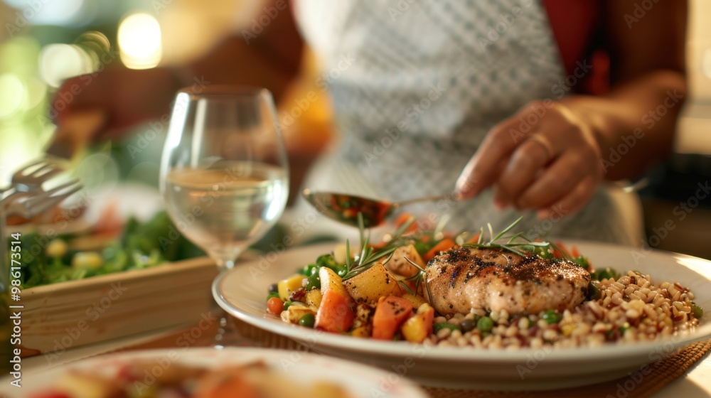 An active adult preparing and dining on a balanced meal, including lean protein, whole grains, and vegetables An active adult preparing and dining on a balanced meal, including lean protein, whole grains, and vegetables