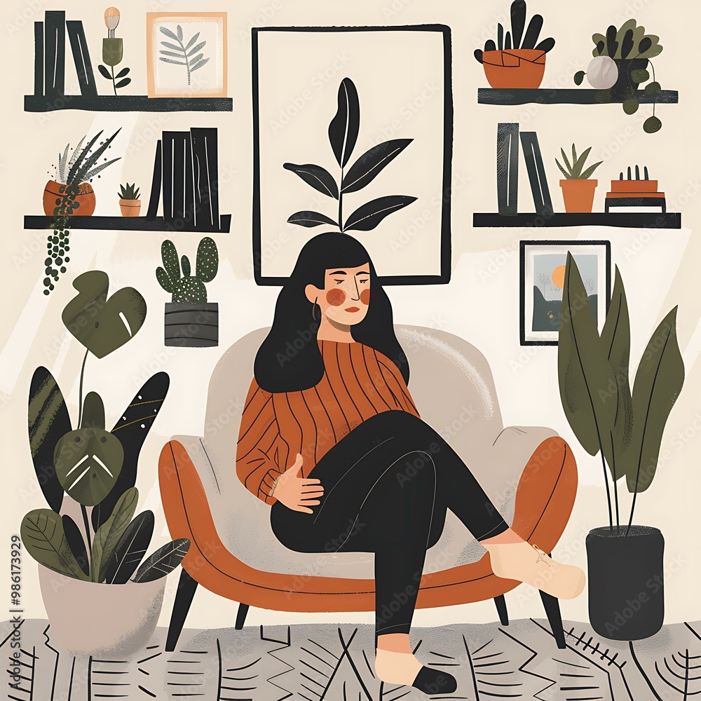 Woman Sitting in a Cozy Living Room with Plants Woman Sitting in a Cozy Living Room with Plants