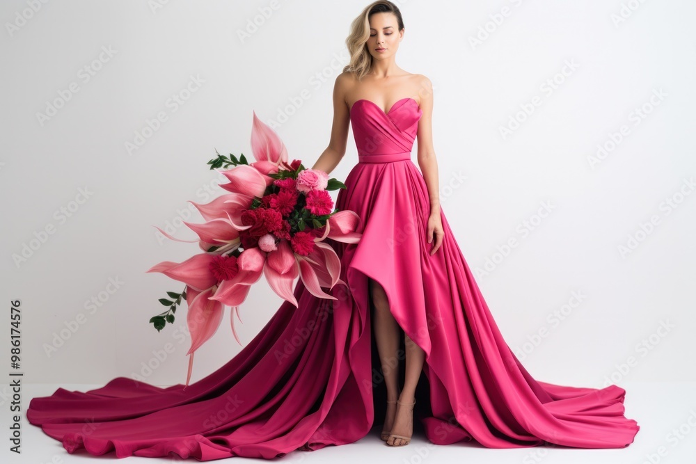 A modern wedding dress in a bold shade of hot pink, featuring a structured bodice and a daring asymmetric skirt, paired with a graphic bouquet of pink proteas and anthuriums A modern wedding dress in a bold shade of hot pink, featuring a structured bodice and a daring asymmetric skirt, paired with a graphic bouquet of pink proteas and anthuriums