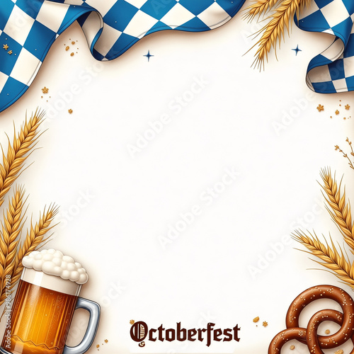 White background with a blue and white checkered cloth and a beer mug octoberfest