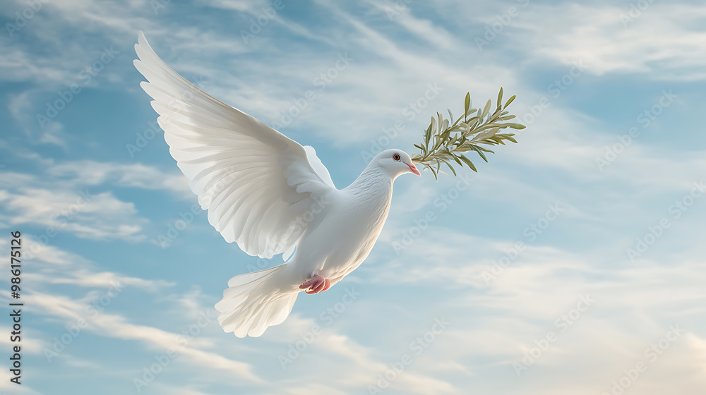 White dove soaring with an olive branch against a blue sky White dove soaring with an olive branch against a blue sky