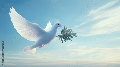 Symbolic dove carrying an olive branch in flight photo