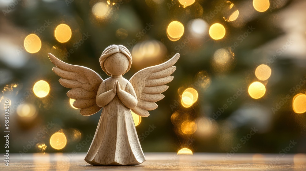 Fototapeta premium wood figurine of an christmas angel in front of an bokeh background with a christmas tree transparent background
