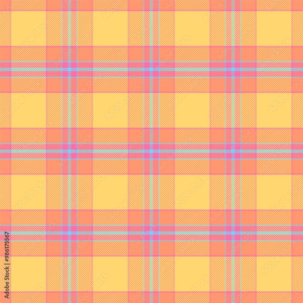 Plaid with twill weave repeat pattern in yellow orange blue.Gingham seamless pattern with stripes.Checkered tartan Geometric graphic vector illustration background.