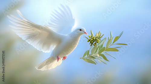 Peaceful dove carrying an olive branch in flight photo