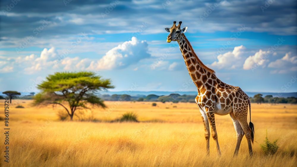 Obraz premium Giraffe in the African savanna habitat , wildlife, animal, Africa, tall, majestic, spotted, giraffe, savanna, landscape, nature