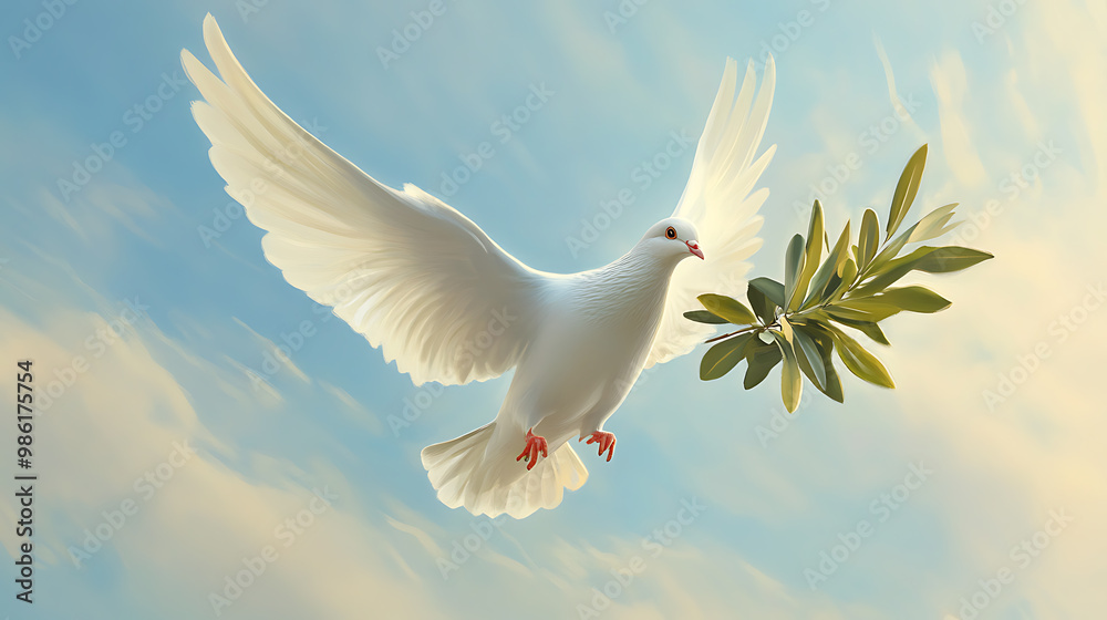 Fototapeta premium Peaceful dove carrying an olive branch in the sky