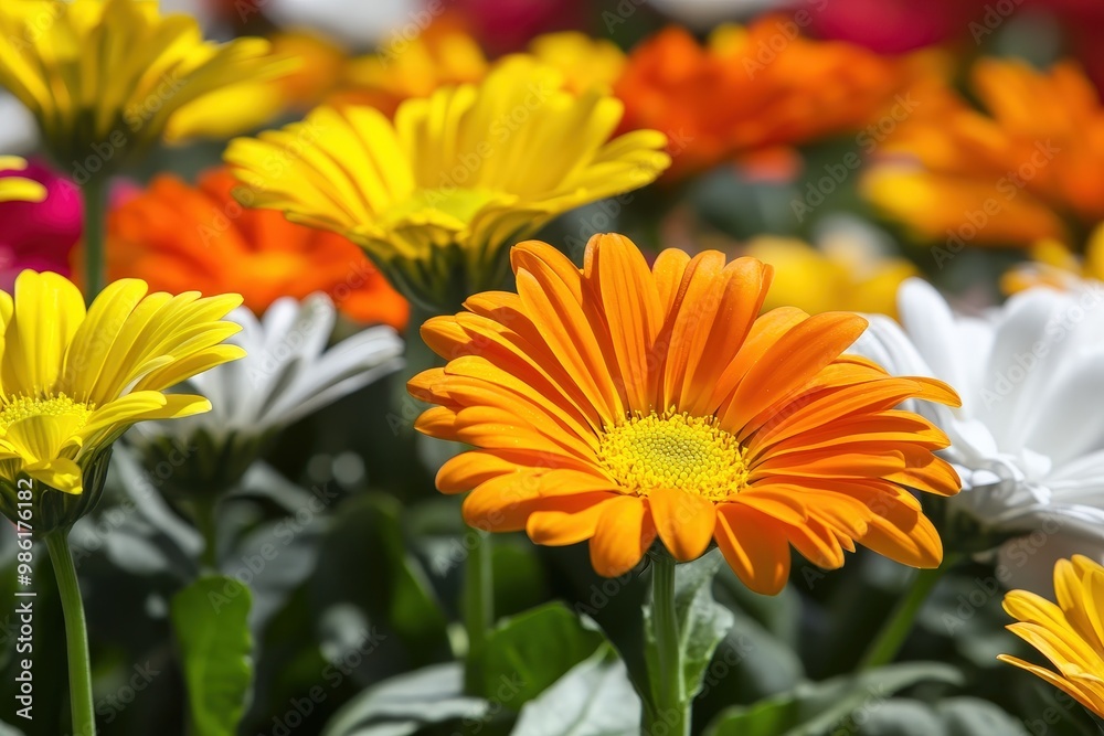 Close-up of yellow flowers in green grass. Beautiful simple AI generated image