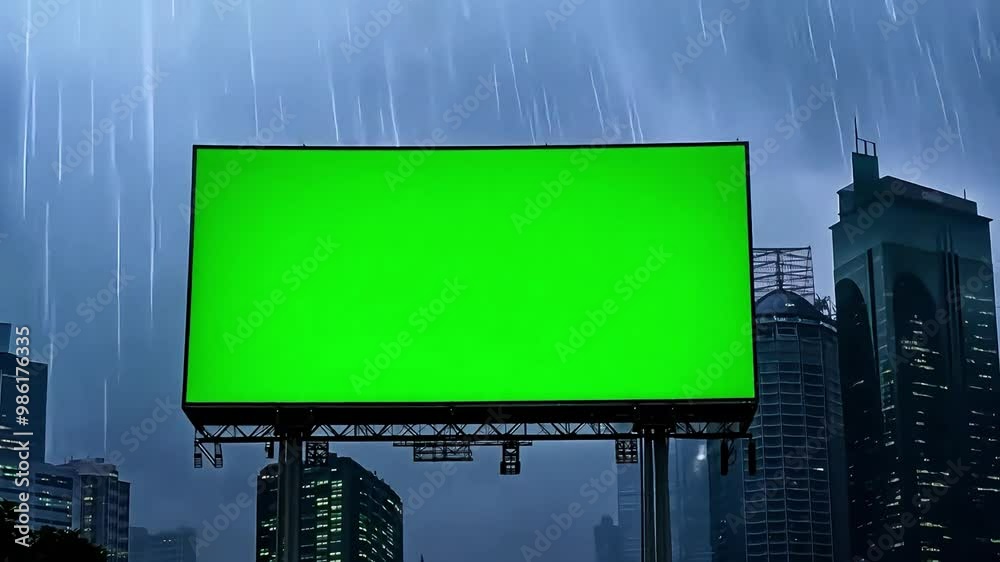city billboard in the rain, green background city billboard in the rain, green background
