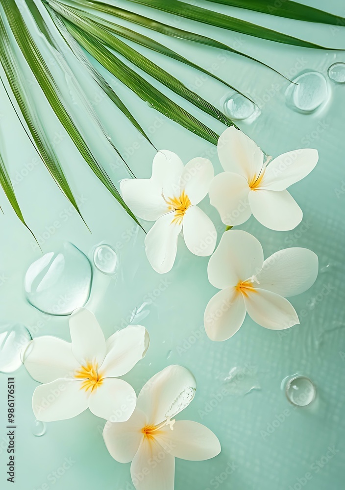 Fototapeta premium White Flowers Floating in Water with Palm Leaf