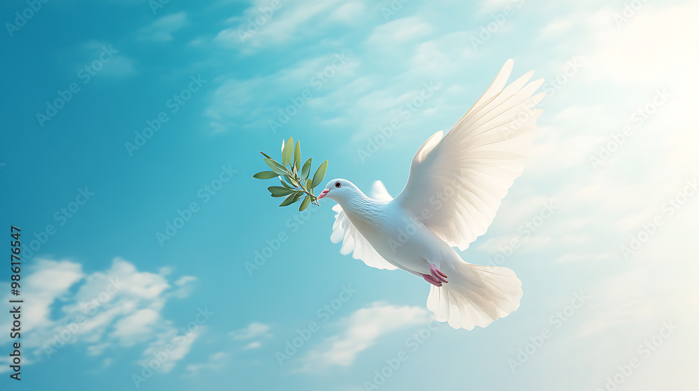 Peaceful dove soaring with olive branch against blue sky Peaceful dove soaring with olive branch against blue sky