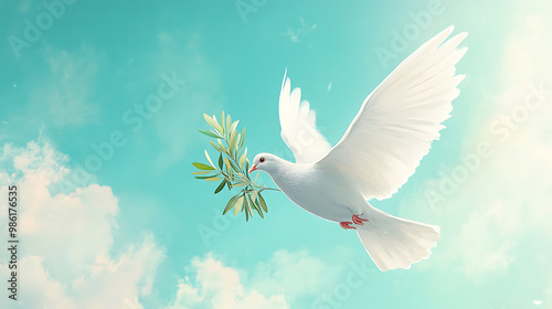 White dove carrying an olive branch against a blue sky