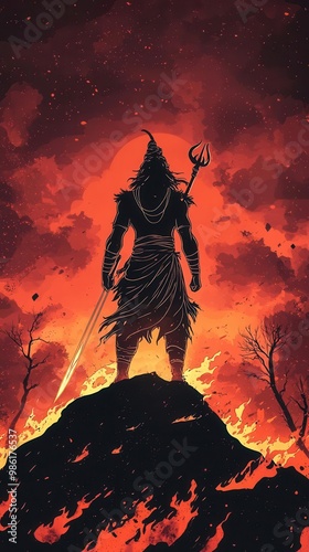 Shiva as Bhairava, the terrifying form of destruction, standing in a bloodred sky with flames at his feet, Bhairava, Shiva, destroyer photo