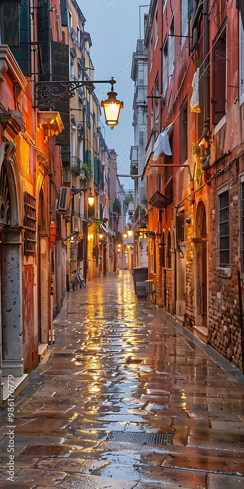 Fototapeta premium Narrow Street in Venice Italy with cobblestone street and buildings