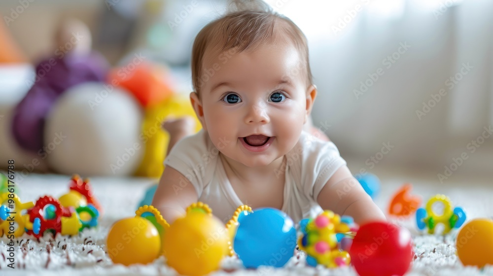 American baby playing with colorful toys, showing curiosity and joy American baby playing with colorful toys, showing curiosity and joy