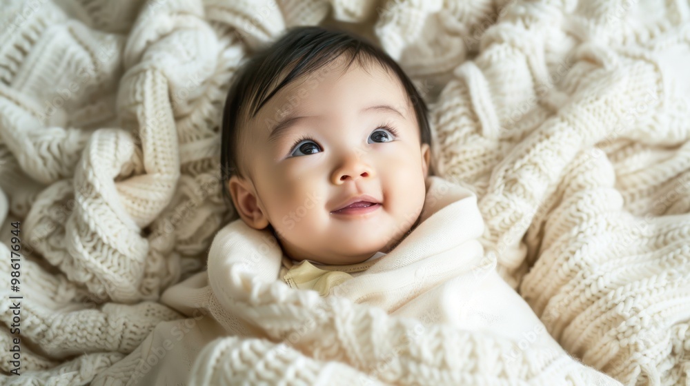 Asian baby lying on a soft blanket, looking up with wonder Asian baby lying on a soft blanket, looking up with wonder