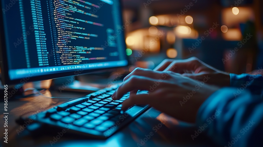 Focused programmer typing code on a keyboard, illuminated by screen light in a modern workspace. Focused programmer typing code on a keyboard, illuminated by screen light in a modern workspace.