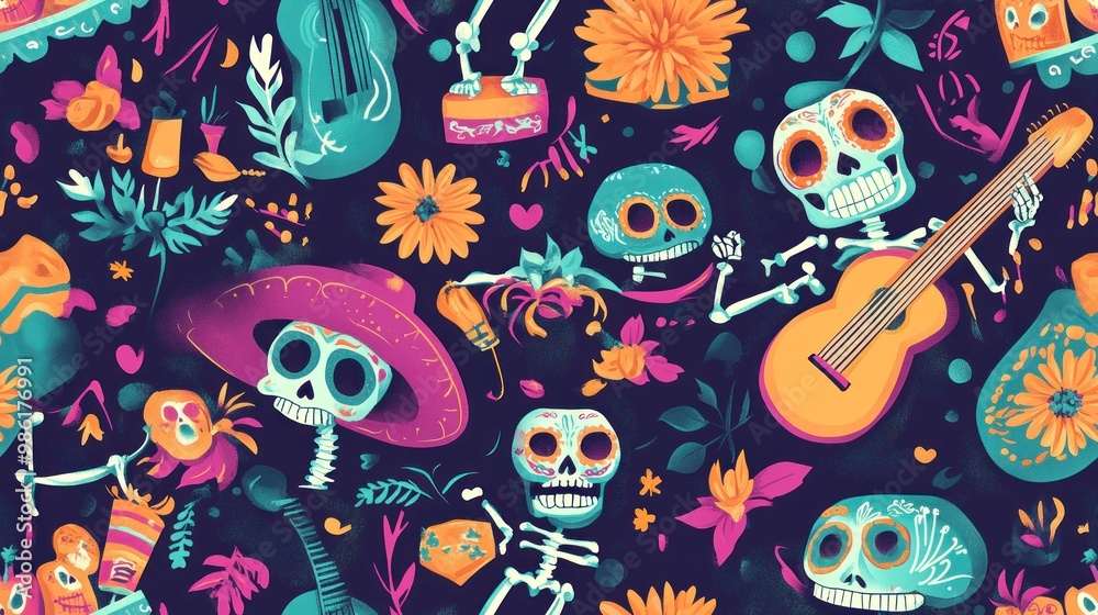 Fototapeta premium Seamless pattern of vibrant sugar skulls with flowers and hearts, AI generated