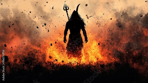 Shiva as the cosmic destroyer, standing amid flames, holding a trident, symbolizing the end of the universe, Shiva, destroyer, cosmic end