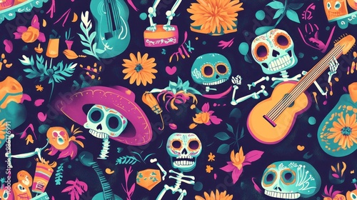 Seamless pattern of vibrant sugar skulls with flowers and hearts, AI generated
