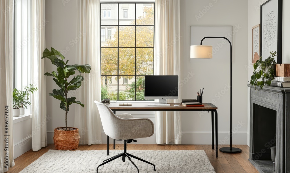 Featuring a stylish modern study with white walls, a sleek black metal floor lamp, and a premium linen shade providing gentle lighting during evening hours Featuring a stylish modern study with white walls, a sleek black metal floor lamp, and a premium linen shade providing gentle lighting during evening hours