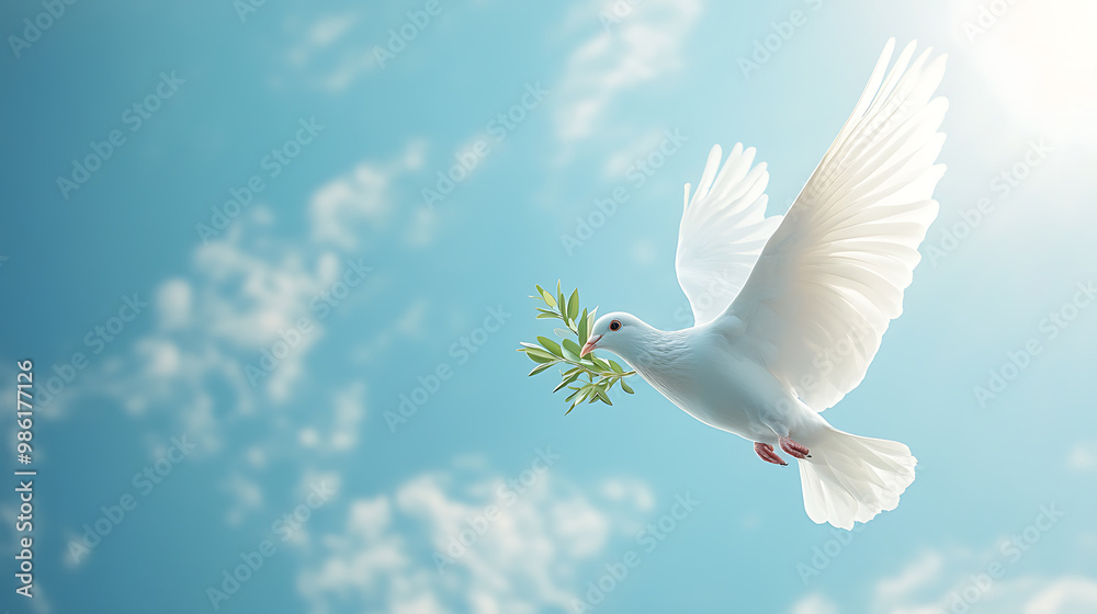 White dove soaring with olive branch against blue sky White dove soaring with olive branch against blue sky