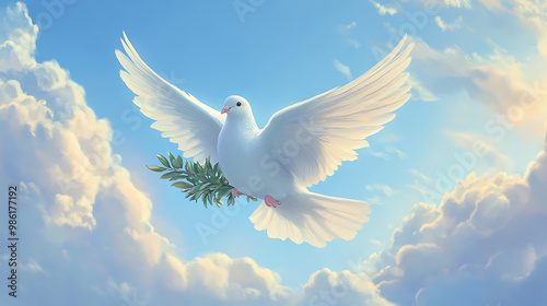 Peaceful dove soaring with an olive branch in the sky